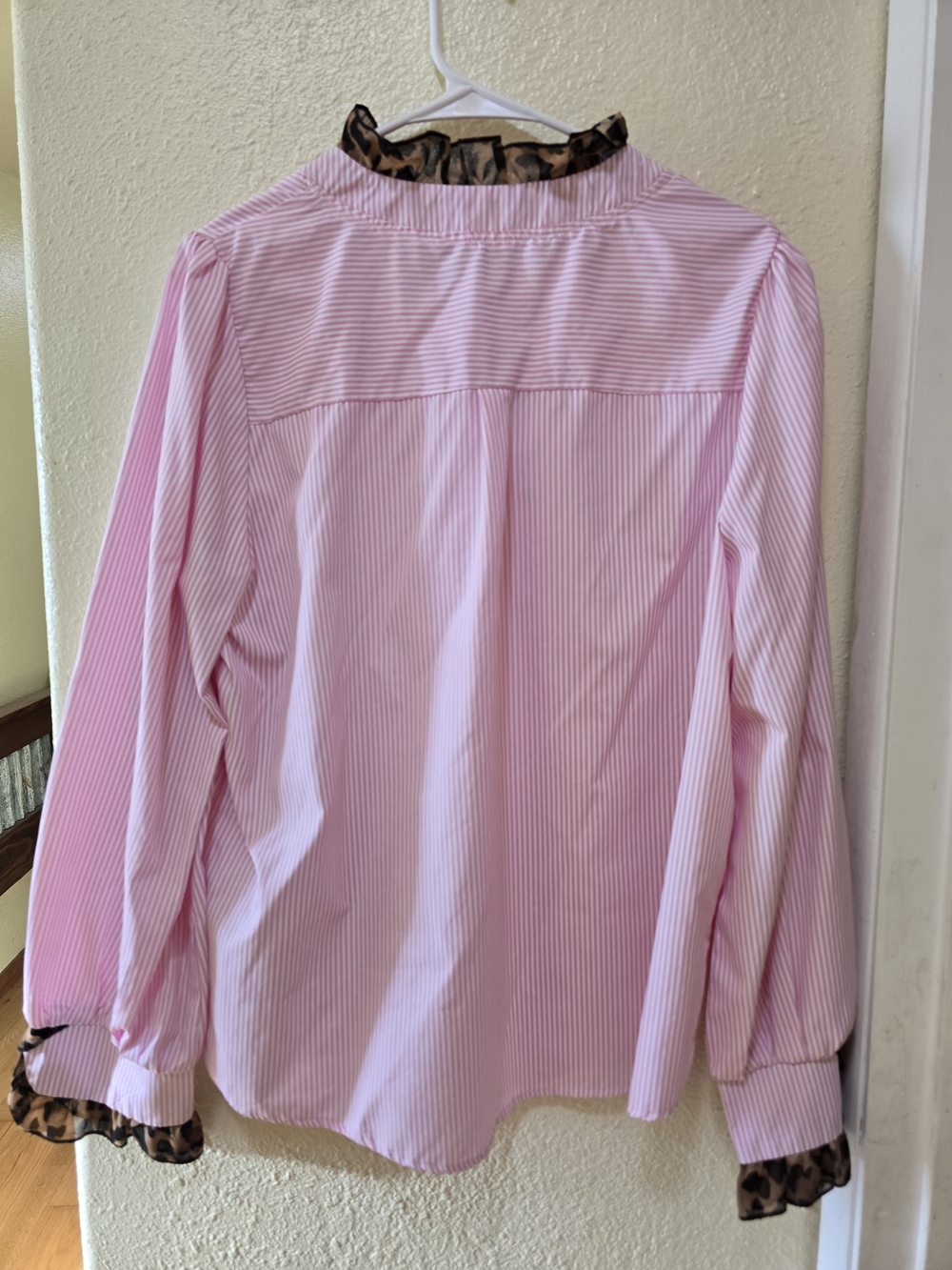 Womens' Pink Striped Long-Sleeve Top with Animal Print Trim - Picture 2 of 3
